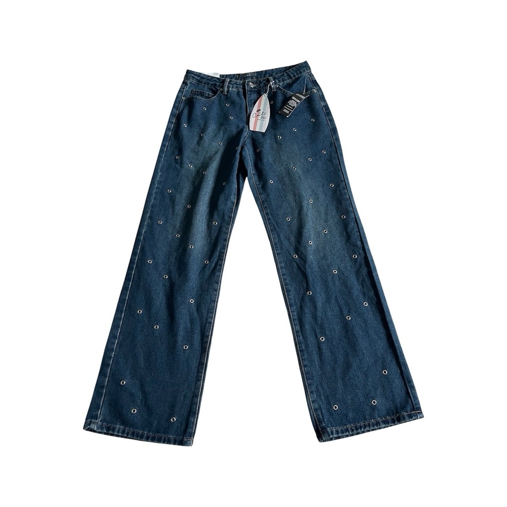 NWT Cali 1850 Women's Grommet Wide Leg Blue Denim Jeans Size 7/28 (31x30) - Picture 2 of 9